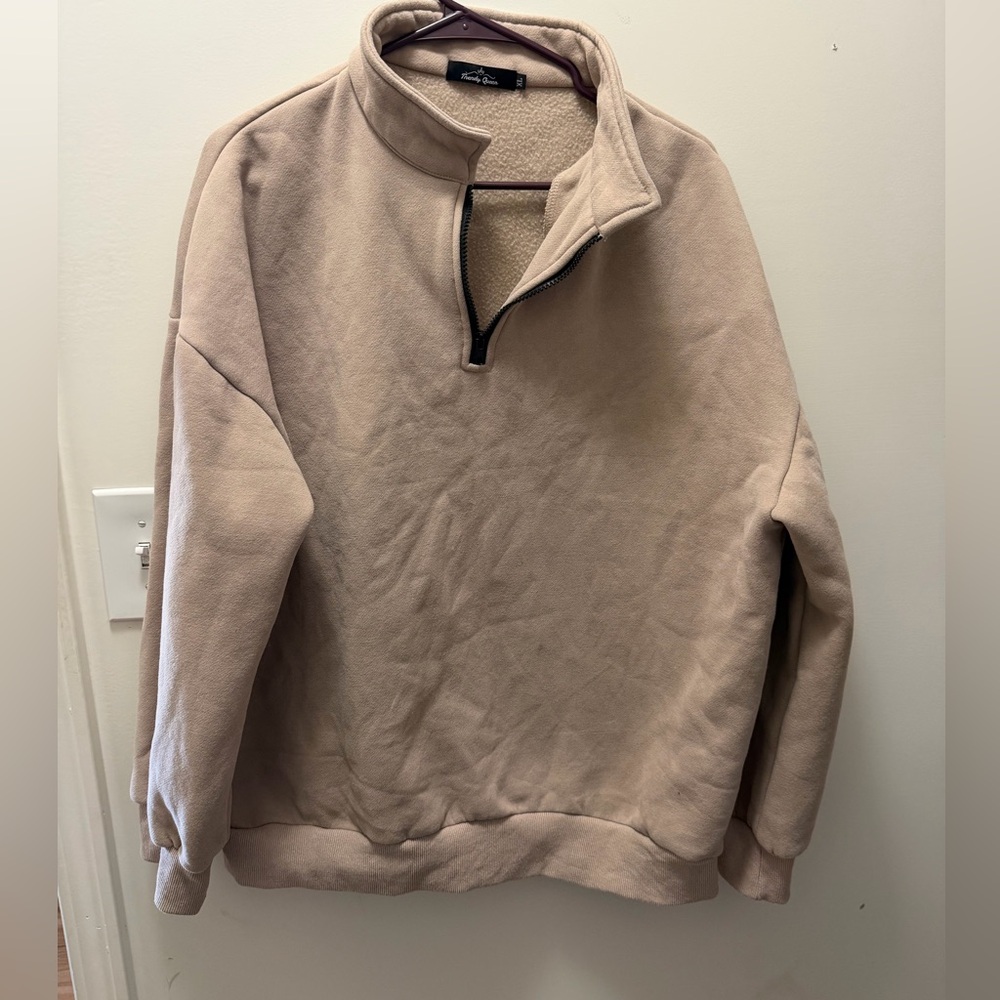 Beige/Pink Quarter-Zip Fleece Pullover Sweater